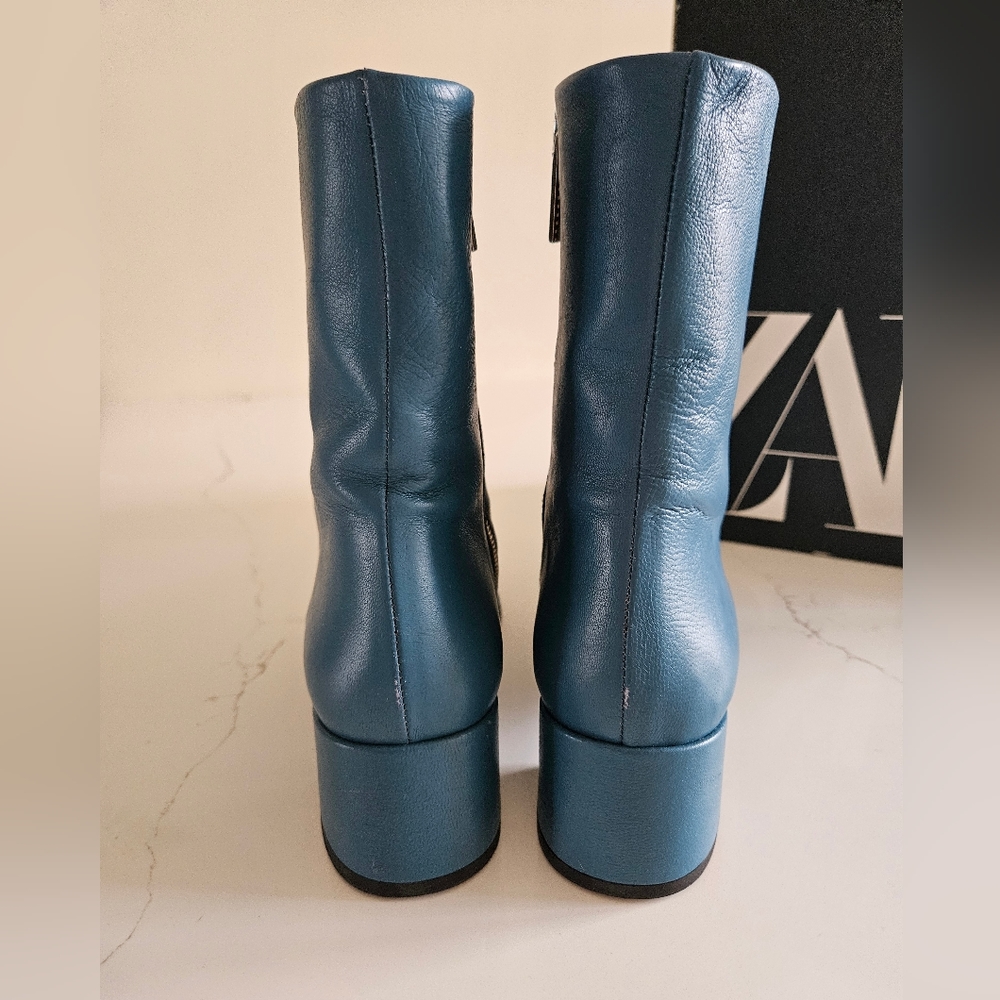 Zara LEATHER MID-HEEL ANKLE BOOTS US 7.5 EUR 38 BLUE - Picture 9 of 11